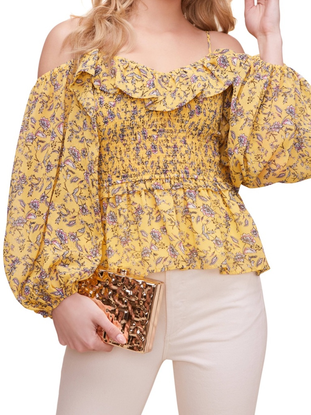 ASTR The Label | Women’s Yellow Floral Smocked Off-Shoulder Blouse with Ruffle